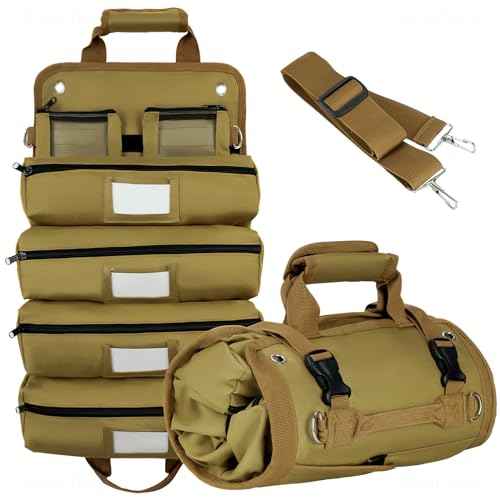 Tomorotec Heavy Duty Roll Up Tool Bag Organizer - Tool Roll Bag with 2 Detachable Pouches, Labeled Compartments & Expandable Pockets - Compact, Portable Storage