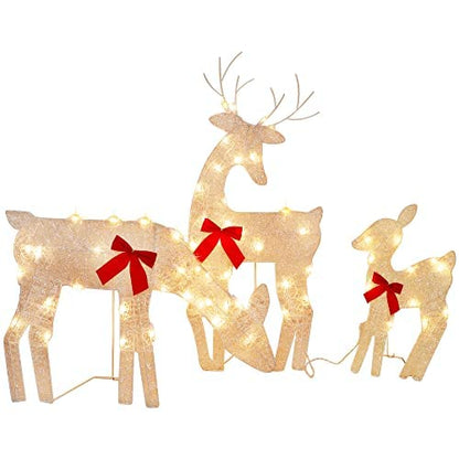 Twinkle Star 3 Pack Tinsel Reindeer Family Lighted 2D Deer Christmas Decor, with Clear 60 Count Lights, Light Up Buck, Doe and Fawn Indoor or Outdoor Yard Lawn Festive Holiday Decoration