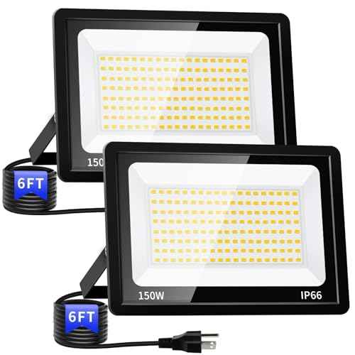 150W LED Outdoor Flood Lights with Plug, 18000lm Bright Work Light with 6ft Cord, 5000K Daylight White Exterior Floodlight, IP66 Waterproof Security Light Yard Lights for Garage Stadium 2 Pack