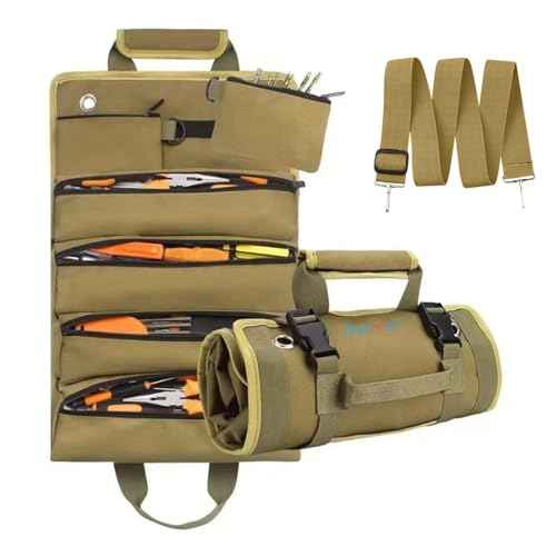 Tool Roll Up Bag, ZMyHeart Tool Organizer Bag,Tools Storage Box,11 Pouches,Grease Resistance,Tools Carrier Bag for Electrician,Mechanic,Plumber,Carpenter,Craftsman,Hobbyist,Gift for Men (Khaki)