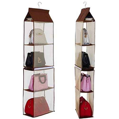 Detachable 4 Compartment Pouch Hanging Handbag Organizer Clear Purse Bag Storage Holder Wardrobe Closet Space Saving Organizers System for Living Room Bedroom(Pack of 2 Brown)