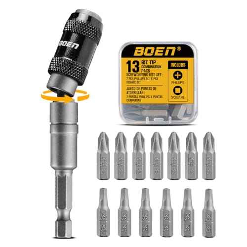 boen 14PCS Pivoting Magnetic Bit Holder with Screwdriver Bits, Swivel Drill Bit Extension, 1/4-Inch SAE Hex Shank, for Impact Driver, Narrow Corners Use