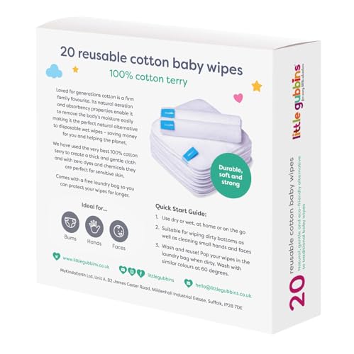 Little Gubbins 20 Cotton Terry Baby Wipes | Pack of 20cm x 20cm Reusable, Soft White Towelling Cloths | Ideal for Mucky Bums, Hands and Faces | 100% natural & Plastic Free