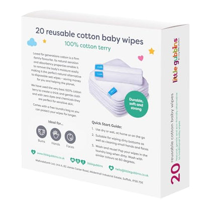 Little Gubbins 20 Cotton Terry Baby Wipes | Pack of 20cm x 20cm Reusable, Soft White Towelling Cloths | Ideal for Mucky Bums, Hands and Faces | 100% natural & Plastic Free