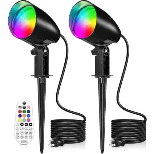 20W RGBW Landscape Lighting Color Changing Outdoor Spotlight with Remote Control 1880LM IP66 Waterproof LED Spot Lights for Christmas Halloween Decorative Garden Pathway 120V US Plug 2 Pack