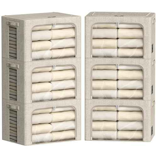 FHSQX 6 Pack Clothes Storage Bins with Metal Frame Foldable Storage Bins for Clothes Linen Fabric Storage Box with Clear Window (Beige, 15.7x11.8x7.8inch(22L))