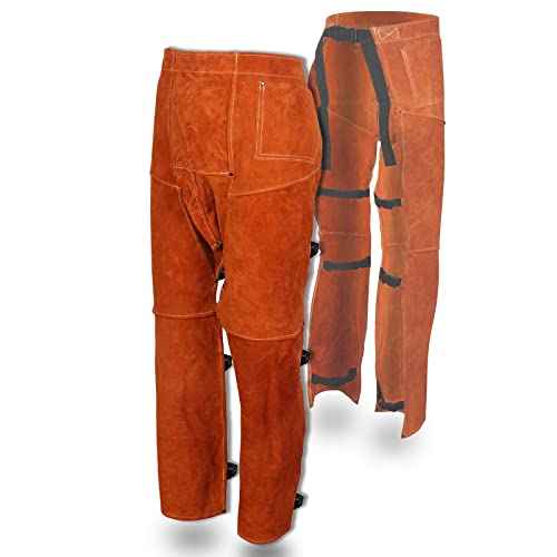 QeeLink Welding Pants - Heat & Flame Resistant Split Leather Safety Leg Protection for Men and Women, Adjustable M to XXXL