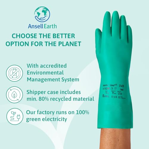 Ansell AlphaTec 37-675, Chemical Resistant Nitrile Gloves, Versatile Waterproof Work Gloves, Food Gloves & Cleaning Gloves with Superior Grip, Latex Free Gloves, Green Nitrile Gloves 2XLarge, 12 Pairs