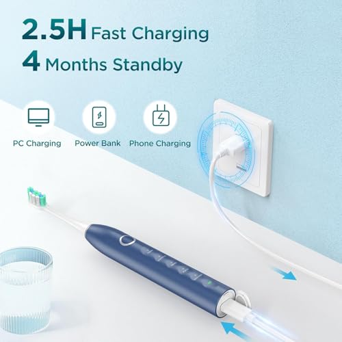 Electric Toothbrush for Adults with 8 Brush Heads, Sonic Toothbrush Rechargeable with a Holder & Travel Case, 2.5 Hours Charge for 120 Days Use - Light Blue