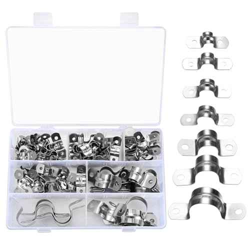 90 Pcs Two Hole Strap U Clamp,Pipe Strap U Bracket Clamp, Stainless Steel Rigid Pipe Strap U Bracket Tube Strap Clamp Kit for Pipe Tube Fixing Mounting - 5/16" 3/8" 9/16" 1/2" 5/8" 3/4" 1"