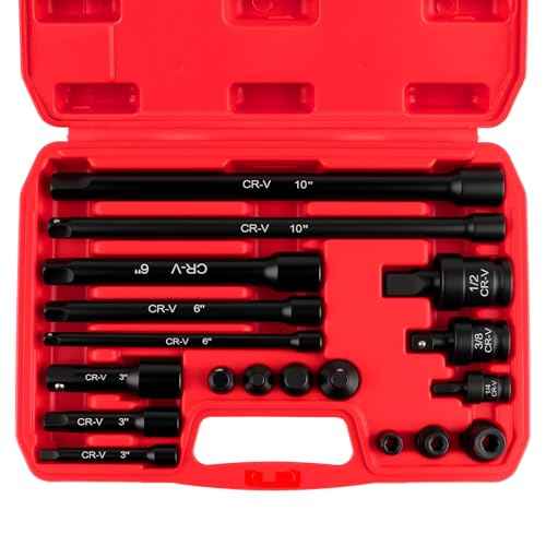 18-Piece Professional Impact Socket Extension Set with 1/4", 3/8" & 1/2" Drive Extension Bars, Socket Adapter Set, Swivel Universal Joints and Impact Coupler