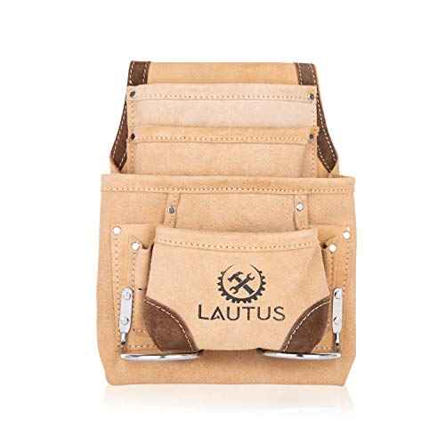 LAUTUS Leather Tool Pouch Bag |Carpenter, Construction, Framers, Handyman |2 Hammer Holders, 10 Pockets|