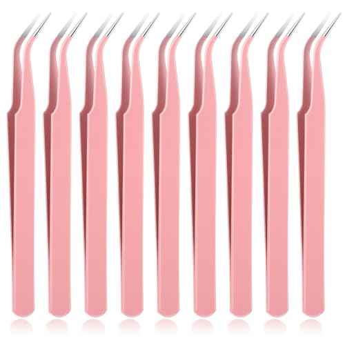 9 Pcs Precision Tweezers, Stainless Steel Craft Tweezers for Crafting, Curved Tweezer Multipurpose Pointed Long Tweezer for Crafting DIY Bead Jewelry Making, Scrapbooking, Crafts, Nail Art (Pink)