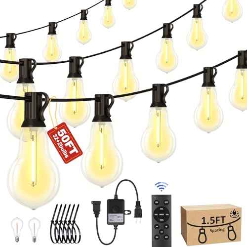 50FT Outdoor String Lights Waterproof with 32+2 Bulbs (1.5FT Bulbs Spacing), Remote & Dimmer, Commercial Patio String Lights with 3 Mode Light & Timing, 50PC Mounting Ties for Outside