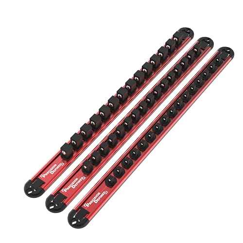 Precision Defined Aluminum Tool Socket Holder 3-Piece Set | Red, 1/4-Inch x 16 Clips, 3/8-Inch x 16 Clips, 1/2-Inch x 14 Clips | 360 Rotation - Heavy Duty Socket Rails Organizer, Socket Storage