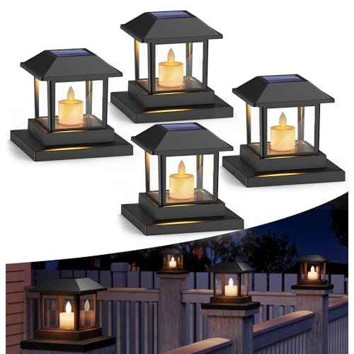 4 Pack Solar Post Lights Outdoor with 3D Flickering Candle Wick, Solar Post Cap Lights IP67 Waterproof, Warm LED Lighting Decor for Fence Deck Mailbox Yard Porch, Fit 4x4, 5x5 or 6x6 Vinyl/Wooden Post
