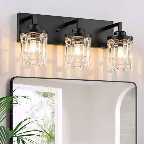 Black Vanity Light, 3 Light Crystal Modern Farmhouse Bathroom Lights, with Clear Glass Shade, Rustic Bathroom Light Fixtures, Black Bathrooms Wall Light Over Mirror for Living Room, Bedroom, Hallway
