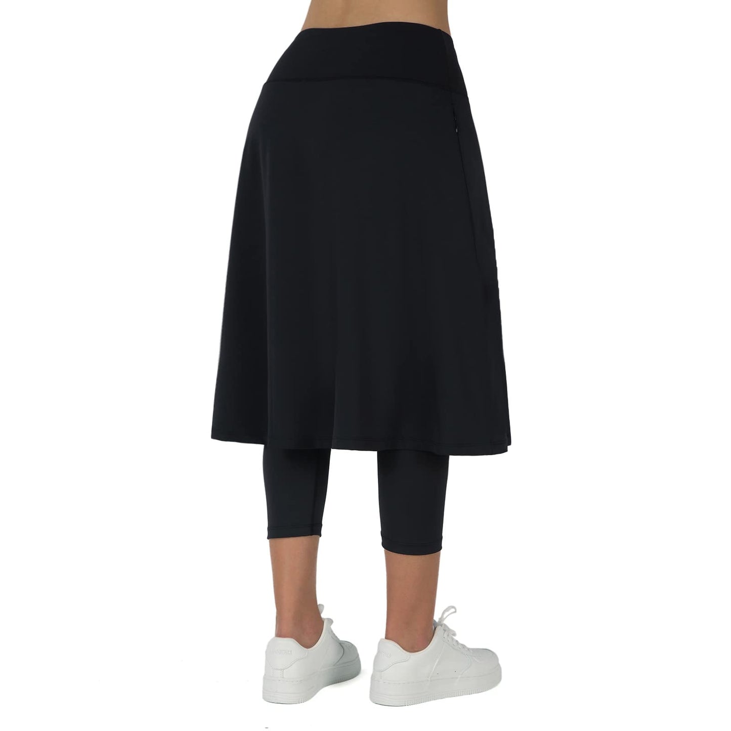 ANIVIVO Women Long Knee Length Skirt with Capris Leggings,Skirted Leggings with High Waisted Zipper Pockets(Black,L)