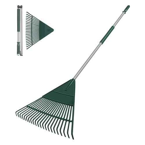 Garden Leaf Rake, 60" Garden Rakes with Foldable Lightweight Steel Handle, 22 Tines Plastic Head Shrub Rake, Folding Yard Garden Rake for Lawns, Grass, Flower Beds Leaves Cleaning, Silver & Green