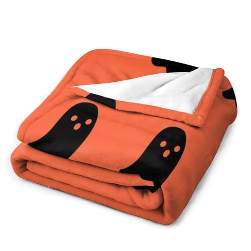 Soft Ghost Throw Blanket Warm Halloween Blanket Cozy Fluffy Lightweight Halloween Blanket for All Seasons Ghost Cute Blanket for Living Room Sofa Bed, 50"x60", Orange