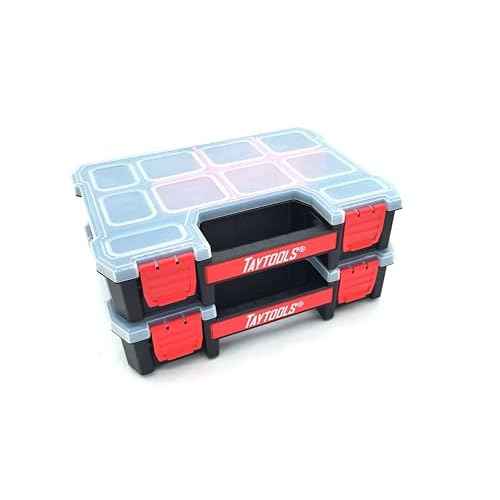 Taytools 10 Compartment Small Parts Organizer Box - Dual Latch Portable Tool Box with Removeable Dividers for Storing Hardware, Screws, Bolts, Nails, Beads or Jewely (Pack of 2)