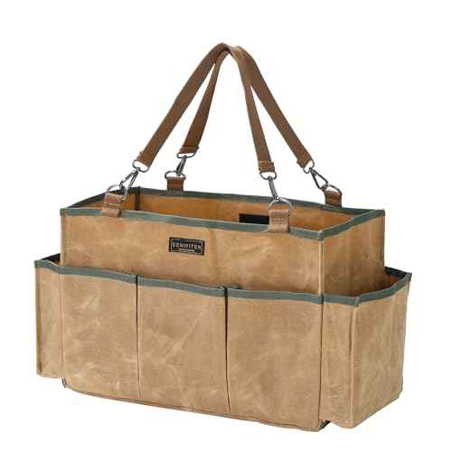 Tool Tote, Heavy Duty Waxed Canvas Wide Mouth Tool Pouch, Muti-Purpose Tool Bag with Adjustable Shoulder Strap (15 X 9.8 X 7.8 inch) | Khaki
