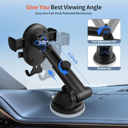 Car Phone Holder[Upgraded Powerful Suction & Stable Clamp Arm]-360°Adjustable Universal Car Mount for Dashboard/Windshield,Compatible with All iPhone & Android Phones(Black)