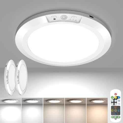 Battery Operated Motion Sensor Ceiling Light with Remote, USB Rechargeable Magnetic Closet Light 5 Color Temperatures Dimmable Timing Motion Activated Stairs Light for Pantry Porch- 2 Pack