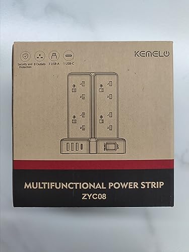 Kemelo Tower Extension Lead with 8 Way Multi Plug & 4 USB Ports (13A 3250W), Mini Power Strip with Switch, 2M Extension Cable Surge Protection for Home, Kitchen, Office