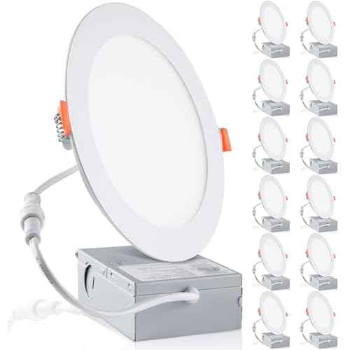 12-Pack 6 Inch LED Recessed Lights 6500K Daylight Ultra-Thin Canless Wafer Downlight with Junction Box, 12W 1050LM Ceiling Lights for Kitchen Living Room Hallway Office&FCC