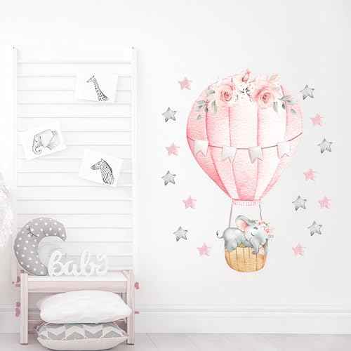 Pink Sleeping Baby Elephant Hot Air Balloon Stars Wall Stickers, sacinora Cute Art Wall Decals Removable Vinyl Peel and Stick for Kids Baby Girl Nursery Bedroom Toddler Room Decorations