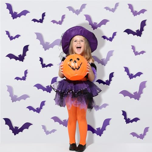 128Pcs Halloween 3D Bats Wall Stickers Gradient Purple Bats Waterproof Decals Halloween Wall Decorations with Glue Points for Home Window Party Supplies