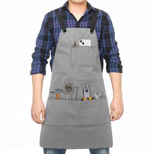 Adjustable Work Apron for Men,Heavy Duty Canvas Shop Apron Crossback with Tool Pockets (Grey)