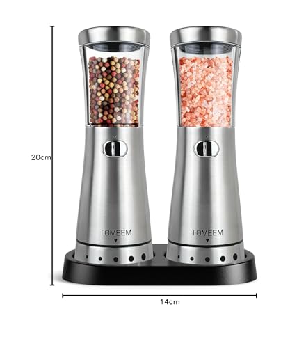 TOMEEM Electric Salt and Pepper Grinder Set with Storage Base, Stainless Steel Rechargeable Salt and Pepper Grinder Set, 4.5oz Large Capacity, 1.8" Wide Mouth, Adjustable Coarseness, Ideal for Kitchen