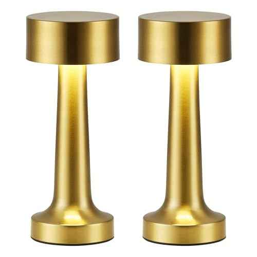 PUSU Cordless LED Gold Small Table Lamps Set of 2, Portable Rechargeable 4000mAh Battery Operated Desk Lamp, 3 Color Stepless Dimming for Kids, Restaurant, Bedside, Outdoor, Bar, Night Light, Gift