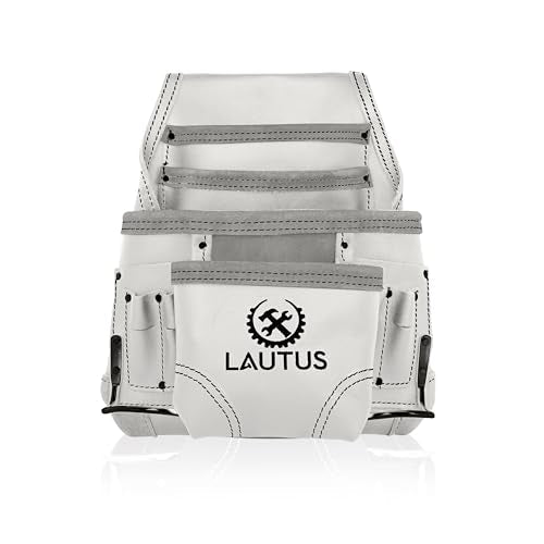 LAUTUS Oil Tanned Leather Tool Pouch Bag | White| Carpenter, Construction, Framers, Handyman | 10 Pockets, 2 Hammer Holders | 100% Leather