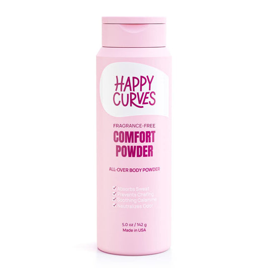 HAPPY CURVES Comfort Powder: Talc Free Anti Chafe Body & Foot Powder Deodorant to Control Inner Thigh Chafing, Private Areas, and All Over Body for Women (5 Ounce (Pack of 1), Fragrance-Free)
