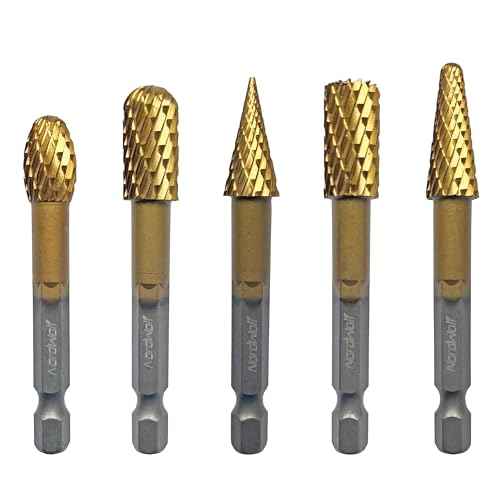 NordWolf 5-Piece Rotary Burr Carving Rasp Files Set, with 1/4" Hex Shank for Metal, Soft Metal, Wood & Plastic Deburring, Shaping, Grooving, Polishing and Grinding