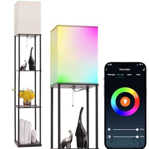 Floor Lamp with Shelves, with Modern Square Standing Lamp with Smart APP Control RGB Bulb, Corner Display Bookshelf Lamp for Living Room, Bedroom and Office (black-9RGB)