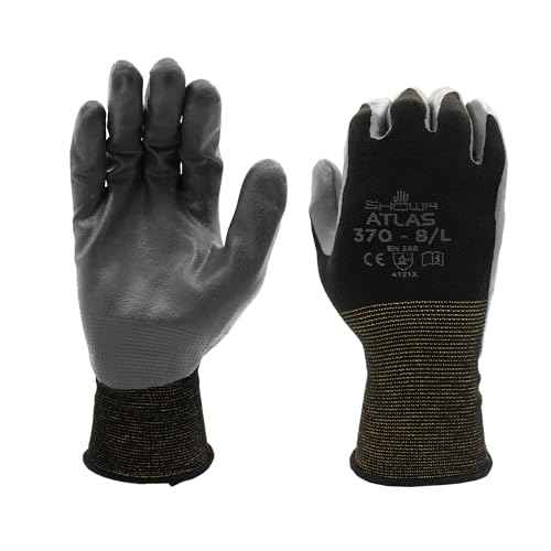 SHOWA Atlas 370 Nitrile Palm Coated General Purpose Work Gloves with Nylon Liner, Black, Medium (12 Pair)