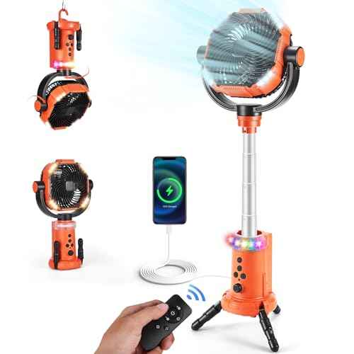 Odoland 20000mAh Camping Fan with Lantern, 360¡Æ Oscillation Rechargeable Battery Operated Outdoor Power Fan with Remote, Hook £¦ RGB Light for Camp, Family Travel and Jobsite, Orange
