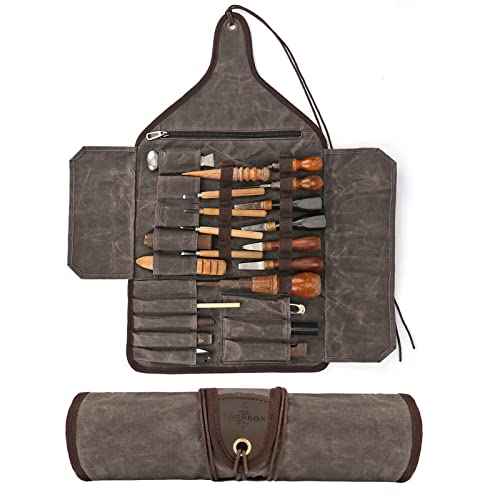 TOURBON Waxed Canvas Tool Roll Up Bag, 25-Pocket Wood Carving Chisel Carrying Case, Multi-Purpose Tool Pouch with Zipped Compartments