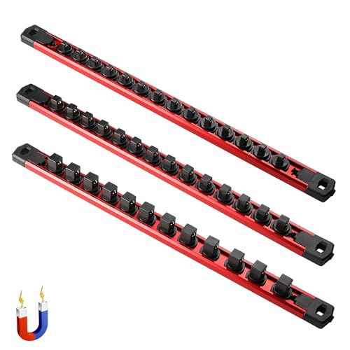 ALOANES 3-Piece Magnetic Socket Organizer, Heavy Duty Aluminum Socket Rails Organizer, 360¡Æ Swivel Clips Socket Holder Kit for Tool Box, 1/2, 3/8, 1/4-Inch Socket Holder x 40 Clips (Red)