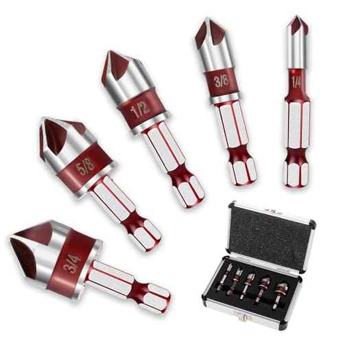 5Pcs Countersink Drill Bit Set, 82 Degree 5-Flute Industrial-Grade HSS, 1/4" Hex Shank, Sizes 1/4"-3/4" for Wood, Plastic, Fiberboard & Soft Metals, with Moisture-Resistant Aluminum Storage Case