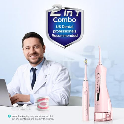 COSLUS Portable Water Flosser with Electric Toothbrush Combo: 2-in-1 Oral Clean Kit for Teeth, Braces, Gums Care - Brushing & Flossing for Adults, Family, Travel Use, BPA-Free, Black, C20 & C41
