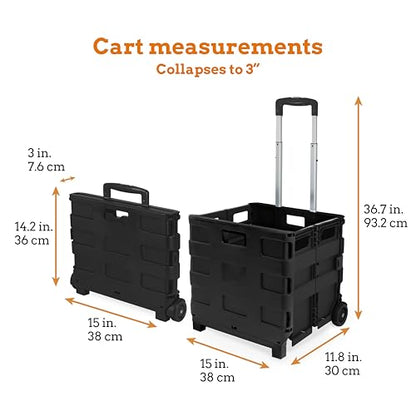 Inspired Living Ultra-Slim Rolling Collapsible Storage Pack-N-Roll Utility-carts, with Telescopic Handle, for Home, Garden, Shopping, Office, School use, Medium, Black