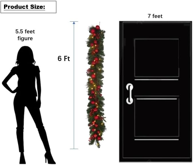 6 Feet Pre-lit Christmas Ornament Fake Pine Garland w 24 Red Balls Real Grapevine Base (30 LED Lights, 8 Flash Options) for Xmas Decor at Shop Home Door Corridor Wall Window Table Cabinet (Battery)