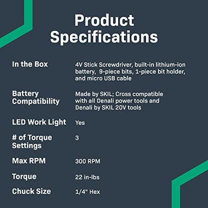 Amazon Basics by SKIL 4V Cordless Stick Screwdriver with 10-Piece Bit Set and USB Cable(Previously Denali brand)