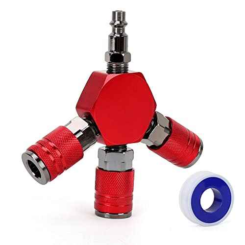 3-Way Air Manifold 4 Ports Aluminum Industrial Flat Hex Quick Connect Air Hose Splitter with 3 Steel Couplers and 1/4" Male NPT Plug