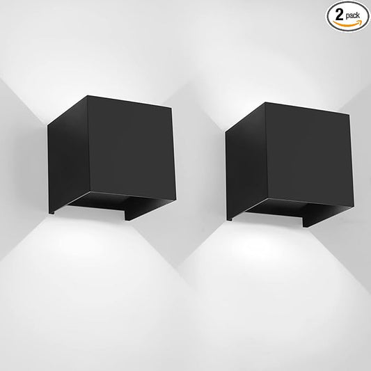 12W 2Pack Outdoor Wall Lights Exterior/Interior,LED Black Outdoor Wall Sconces Light Fixtures Modern,IP65 Waterproof Square Aluminum Wall Lamps, Up and Down Lights 6500K Cold Lights